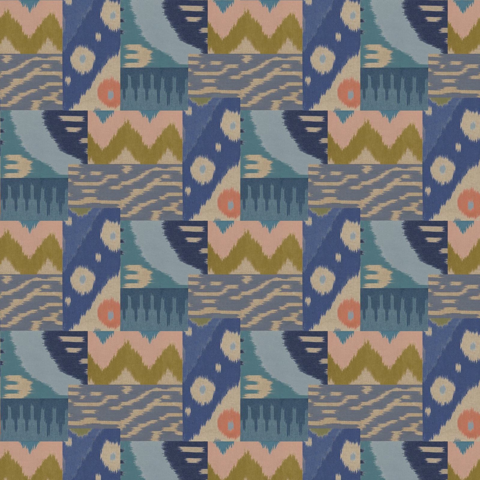 Muted blue geometric patchwork with teal, olive, lilac and coral accents