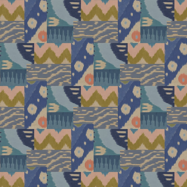 Muted blue geometric patchwork with teal, olive, lilac and coral accents