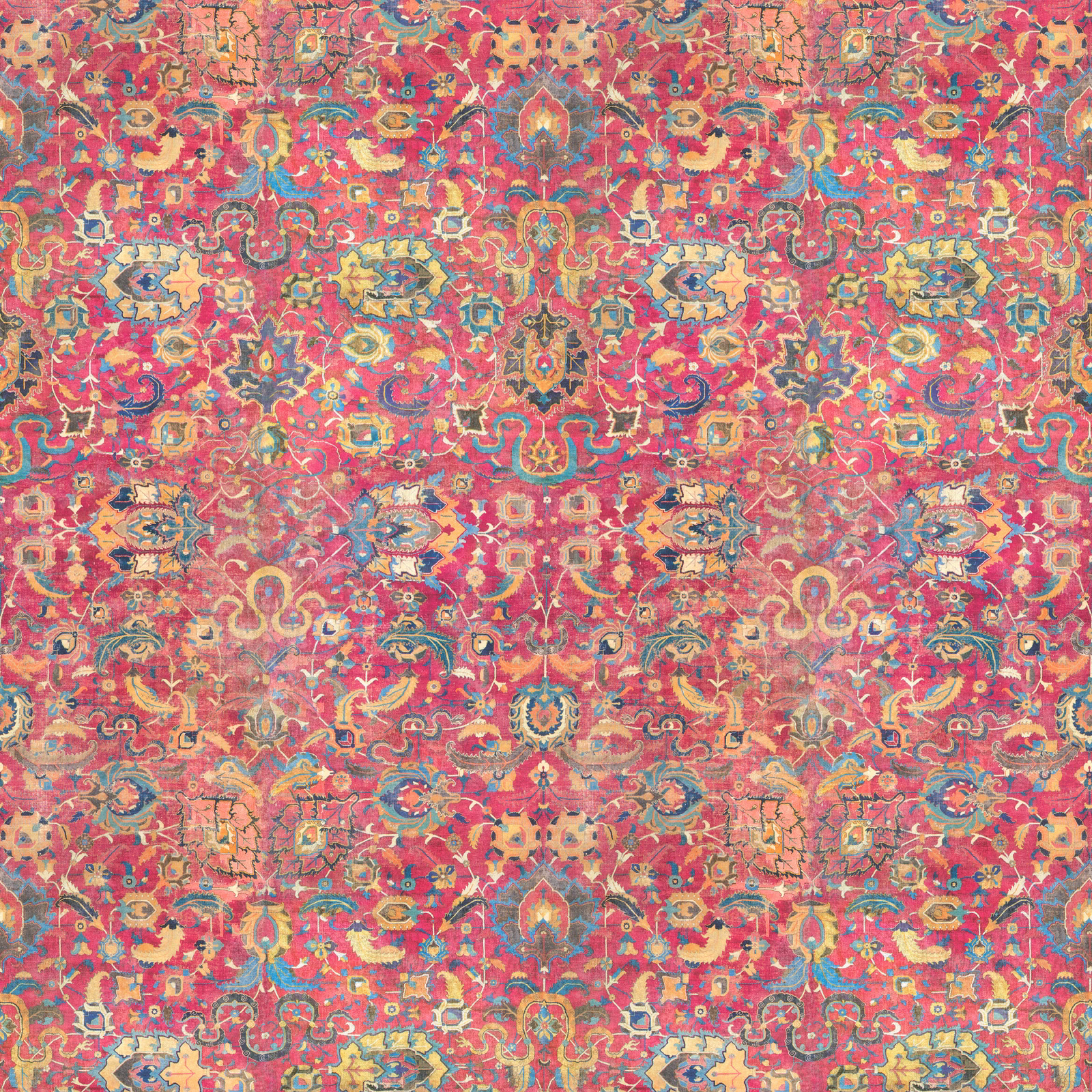 Saturated magenta textile with dense kilim motifs, paisley curls and ochre-blue details