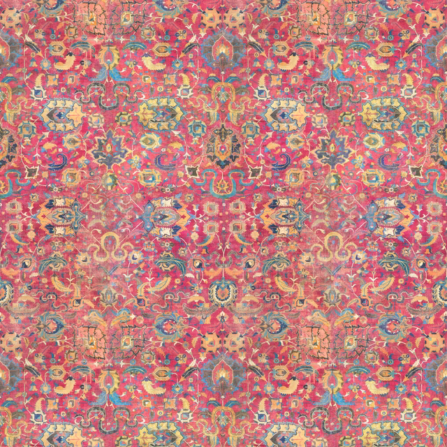 Saturated magenta textile with dense kilim motifs, paisley curls and ochre-blue details