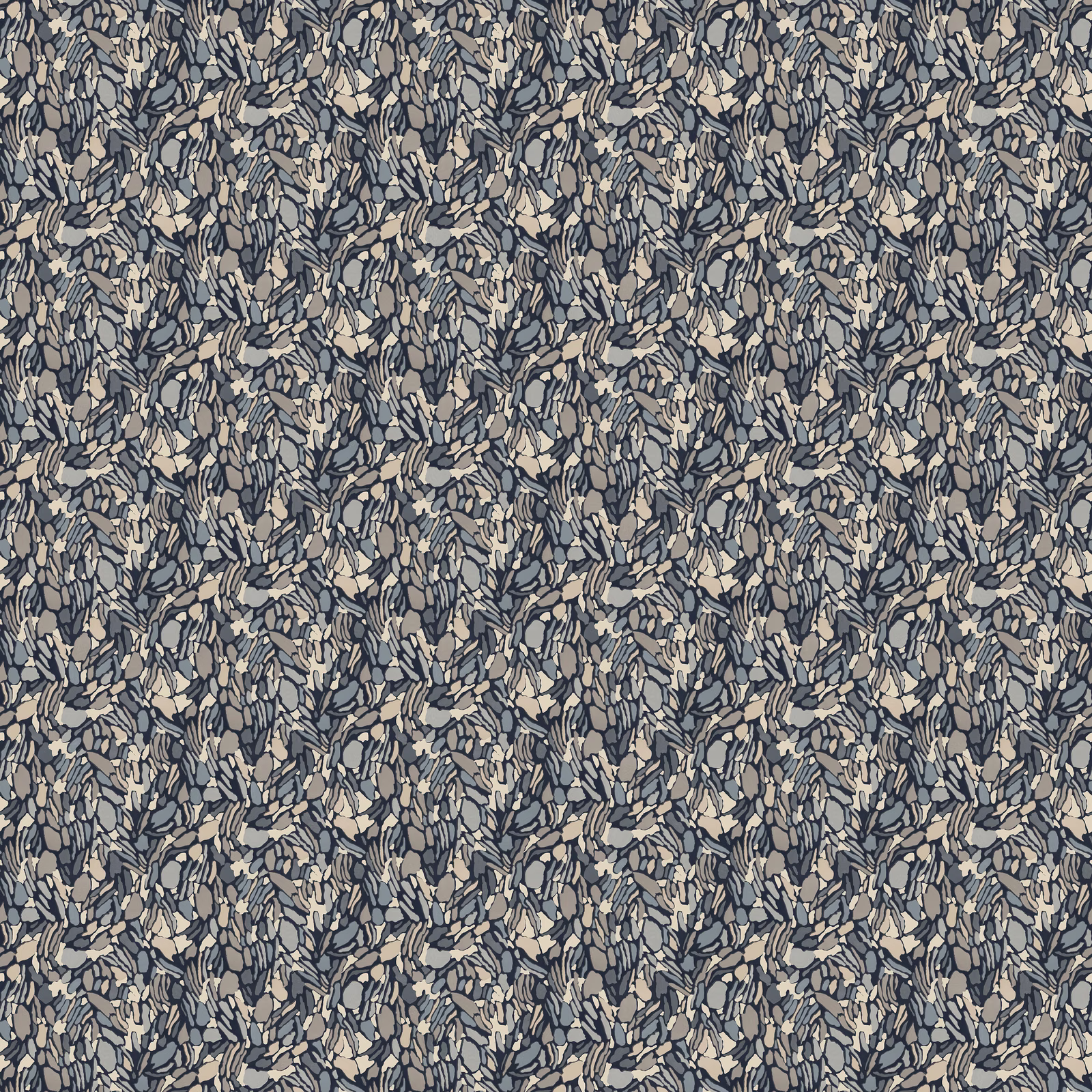 Cool blue-grey botanical print with cream leaves and charcoal branching detail