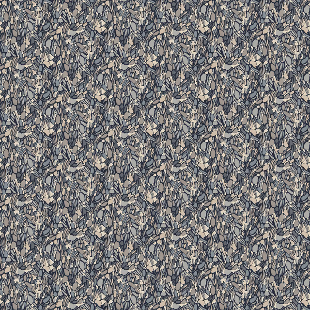 Cool blue-grey botanical print with cream leaves and charcoal branching detail