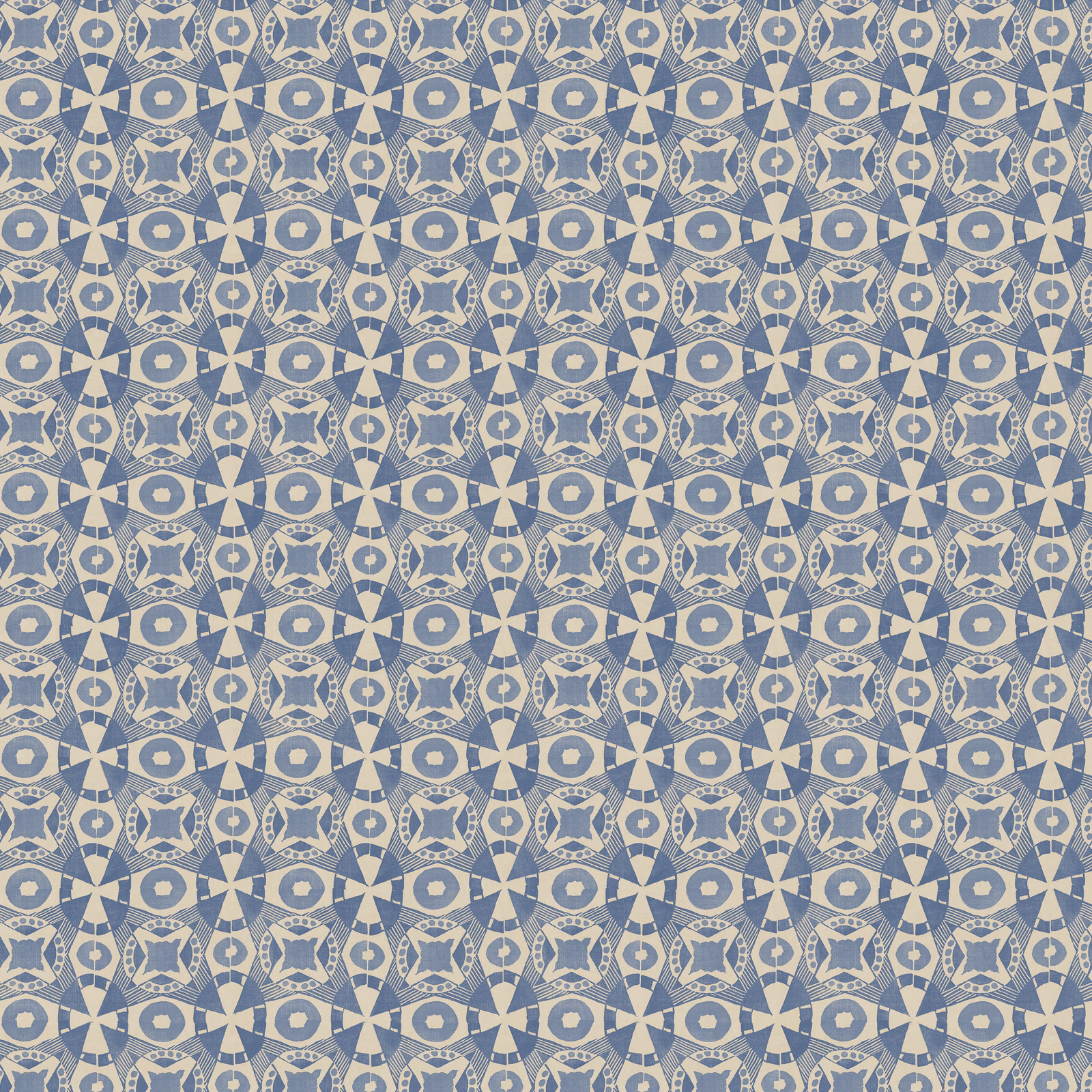 Cool cornflower blue and lilac geometric trellis with cream starburst motifs