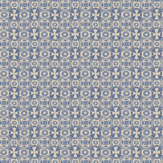 Cool cornflower blue and lilac geometric trellis with cream starburst motifs