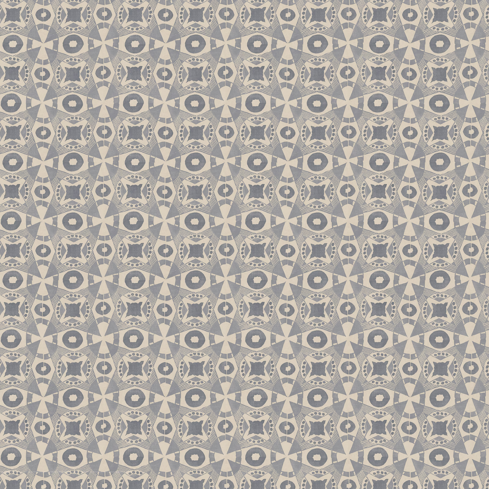 Cool grey and taupe geometric fabric with repeating charcoal radial motifs