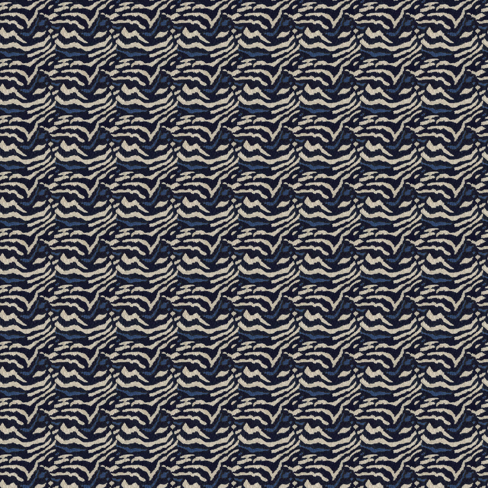 Deep navy fabric with small repeating ivory and beige abstract wave motifs