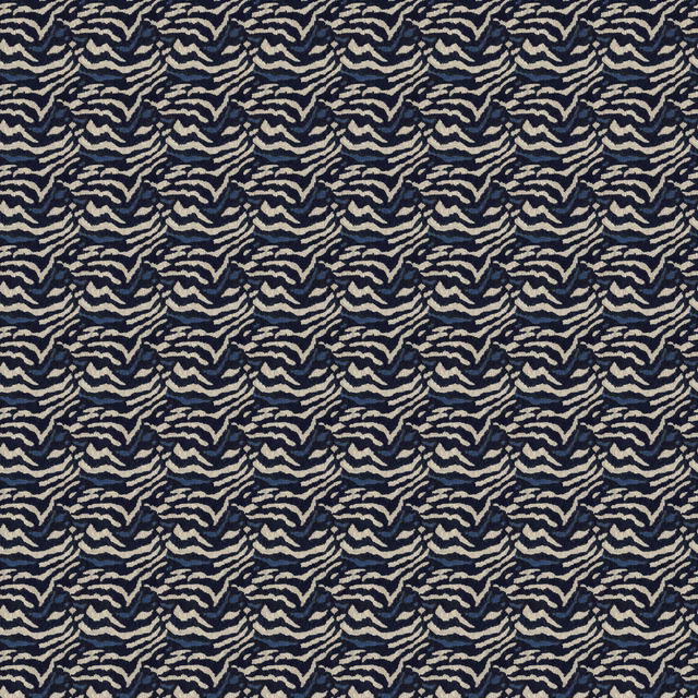 Deep navy fabric with small repeating ivory and beige abstract wave motifs