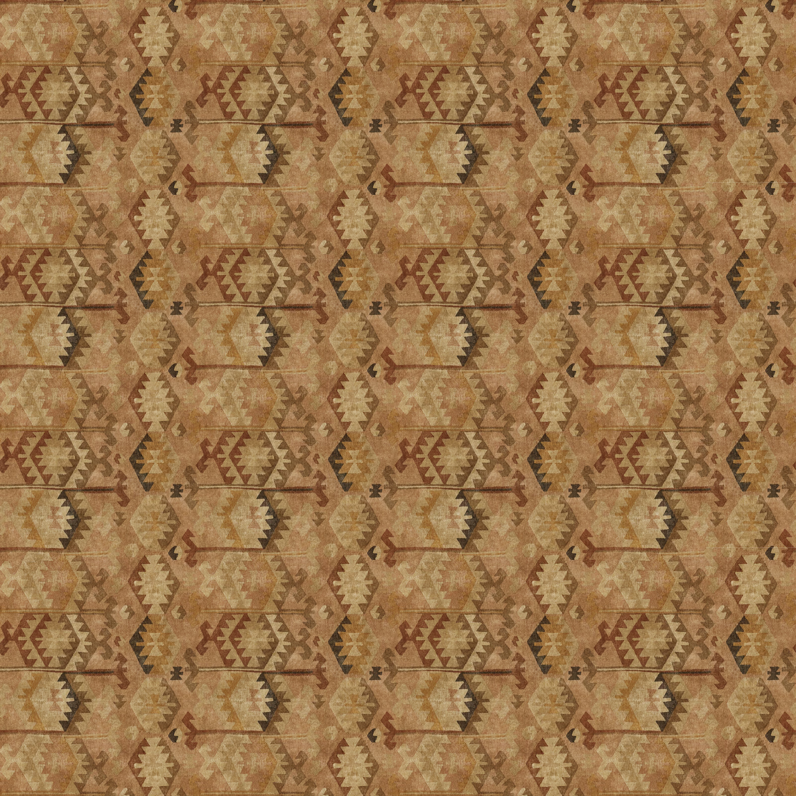 Warm tobacco brown fabric with distressed tan and ochre geometric kilim motifs