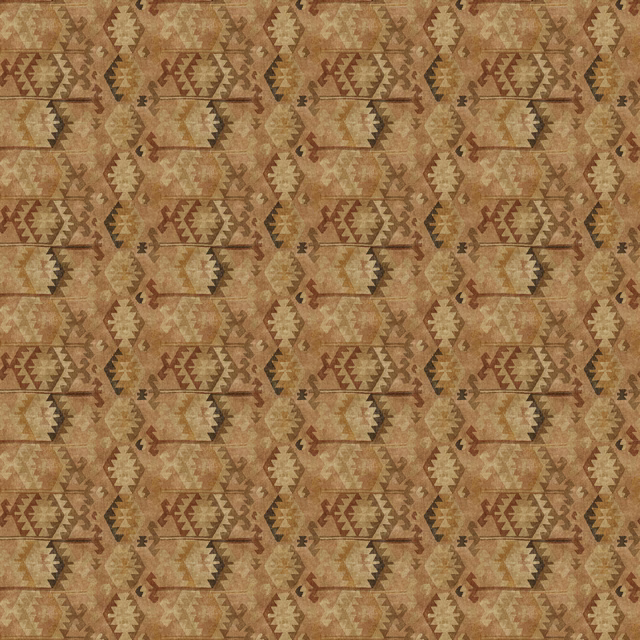 Warm tobacco brown fabric with distressed tan and ochre geometric kilim motifs
