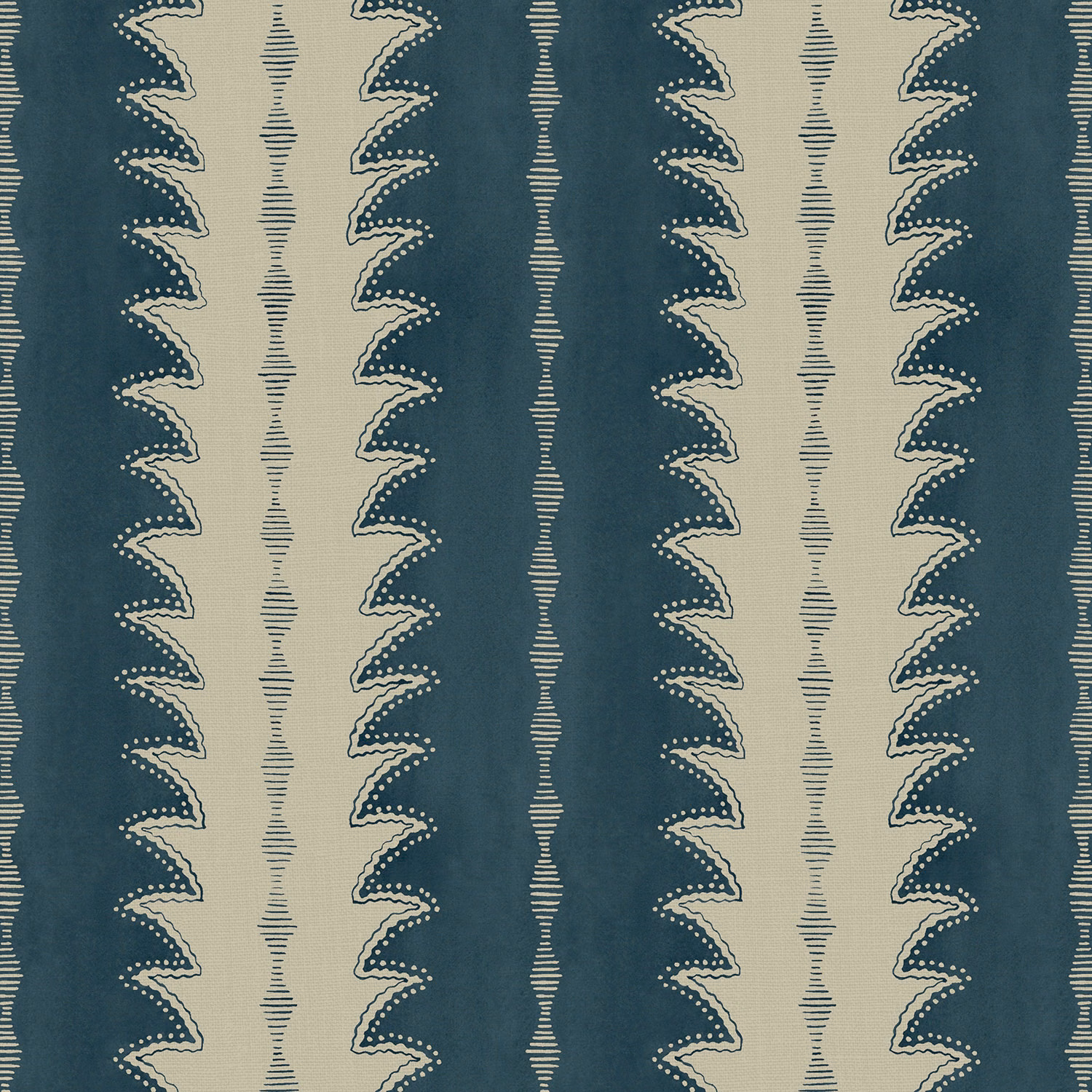 Deep teal and cream linen with scalloped zigzag stripes and fine textured lines