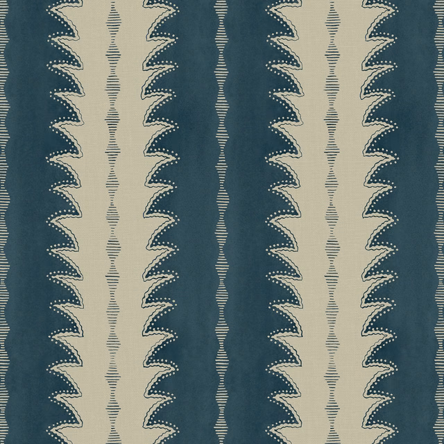 Deep teal and cream linen with scalloped zigzag stripes and fine textured lines