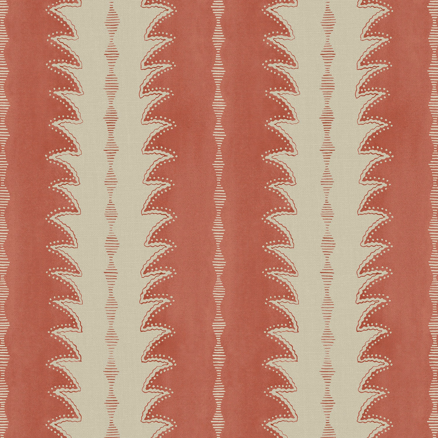 Dusty cardinal-red and pale sage linen with scalloped zigzag vertical stripes