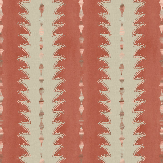Dusty cardinal-red and pale sage linen with scalloped zigzag vertical stripes