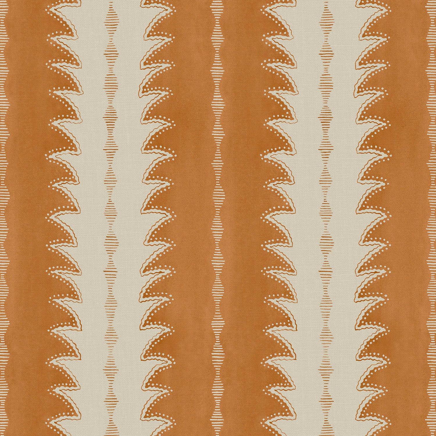 Cognac and cream linen with vertical scalloped zigzag and dotted motifs