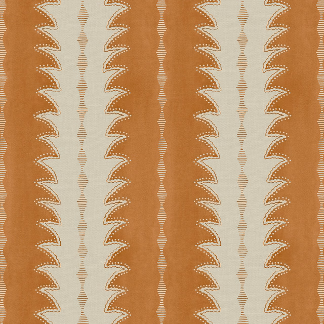 Cognac and cream linen with vertical scalloped zigzag and dotted motifs