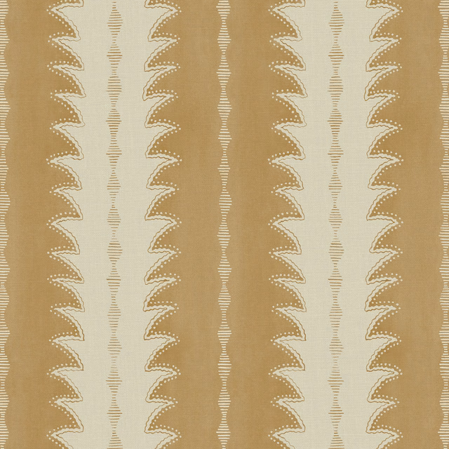 Warm gingerbread beige and ivory linen with rhythmic scalloped vertical stripes