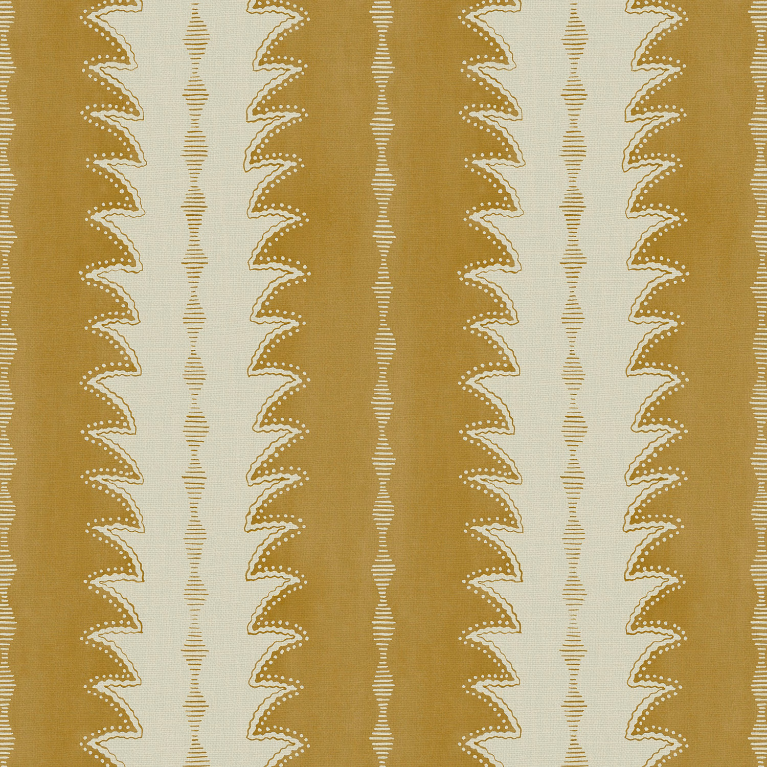 Muted ochre-gold linen with cream vertical scalloped geometric stripes and fine horizontal texture