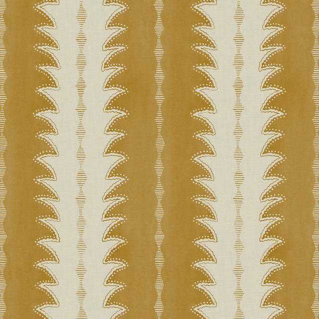 Muted ochre-gold linen with cream vertical scalloped geometric stripes and fine horizontal texture