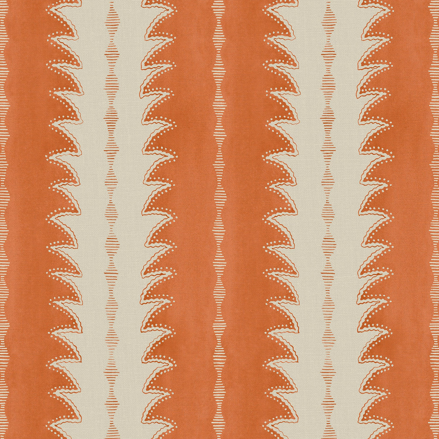 Terracotta and cream linen with repeating scalloped geometric vertical stripes