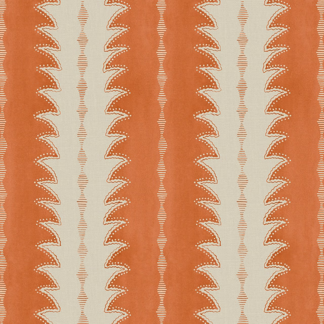Terracotta and cream linen with repeating scalloped geometric vertical stripes