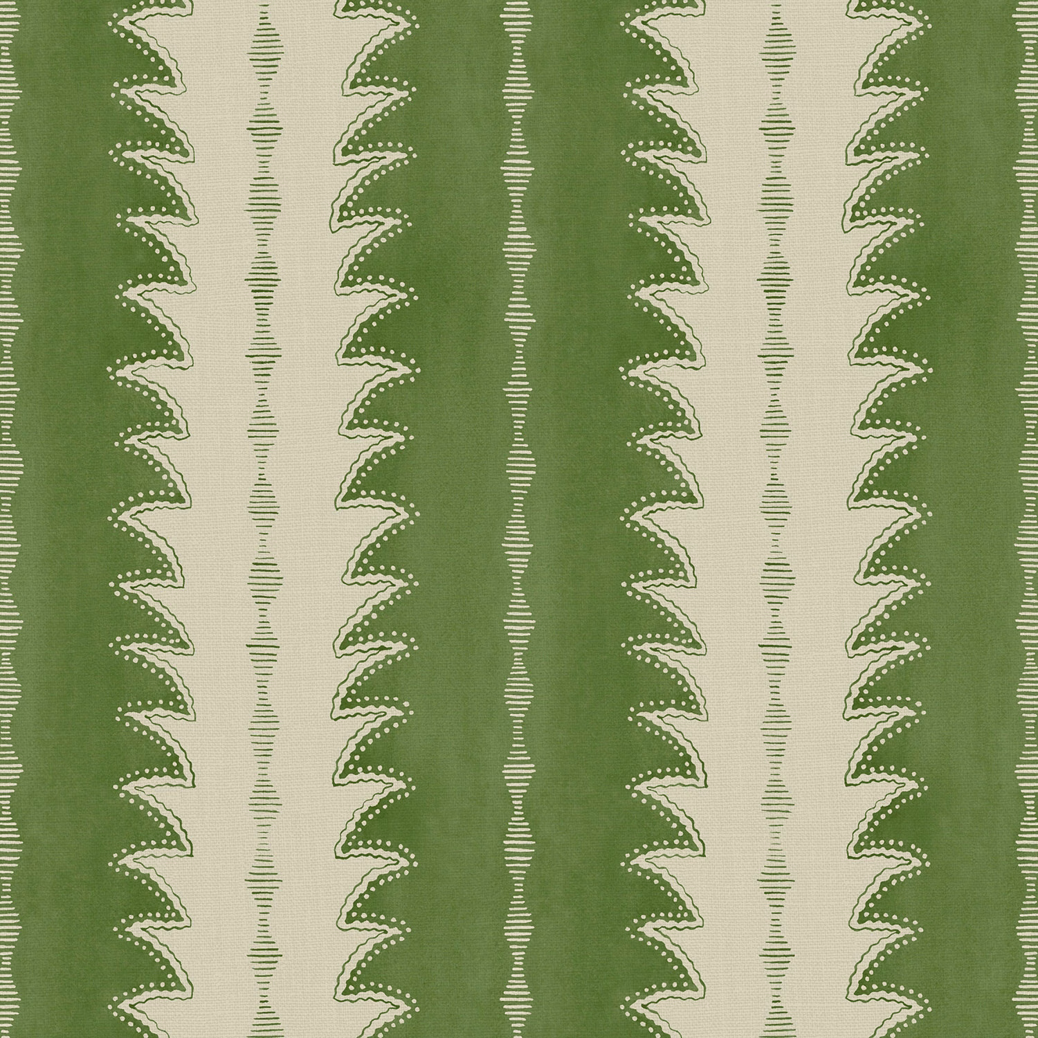 Muted olive and cream vertical ruched zigzag stripes on linen