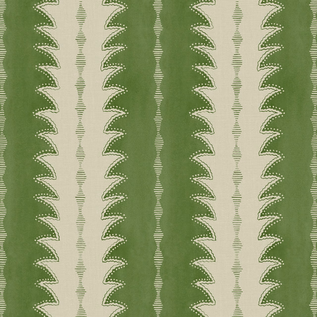 Muted olive and cream vertical ruched zigzag stripes on linen