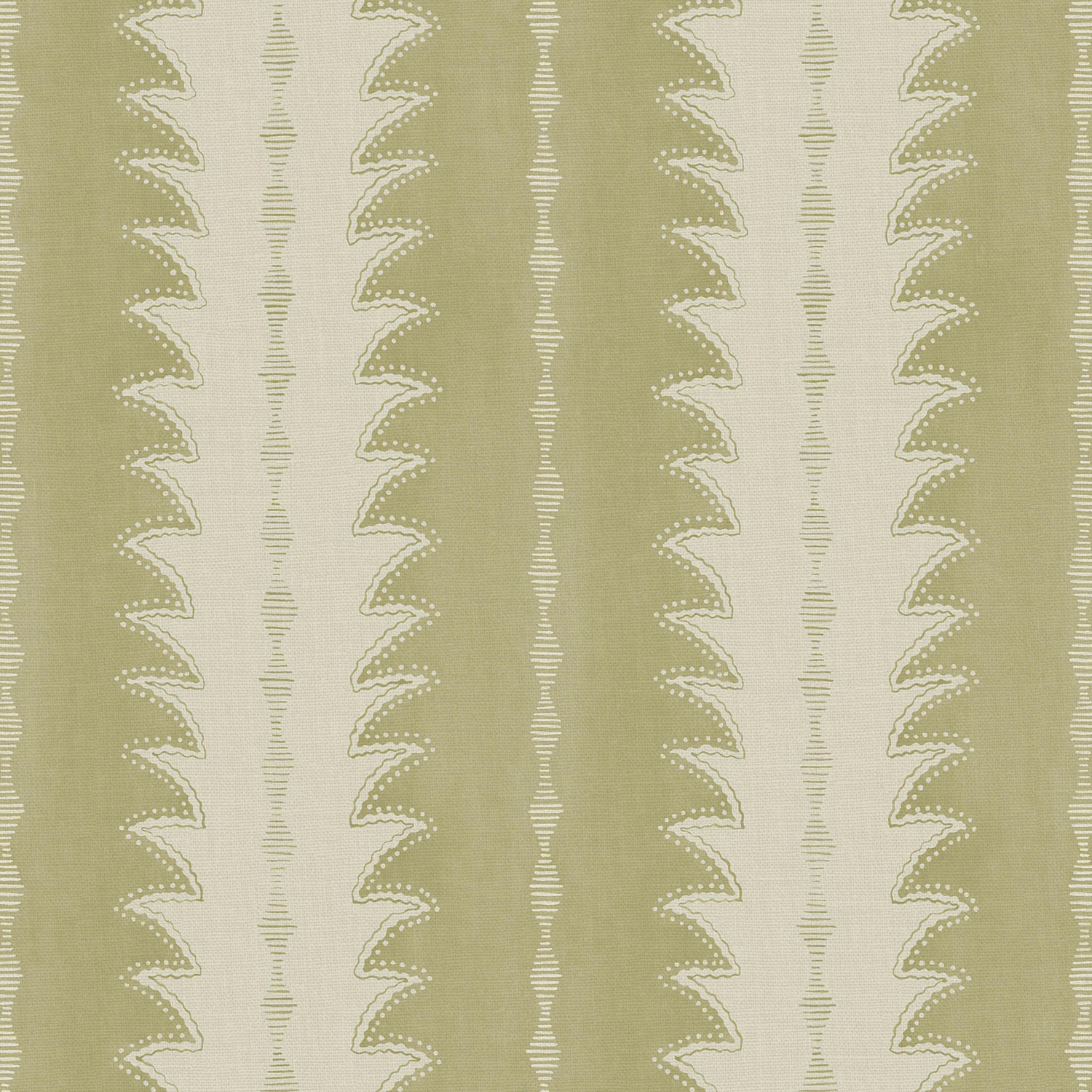 Muted matcha linen with cream scalloped vertical stripes and fine dotted texture