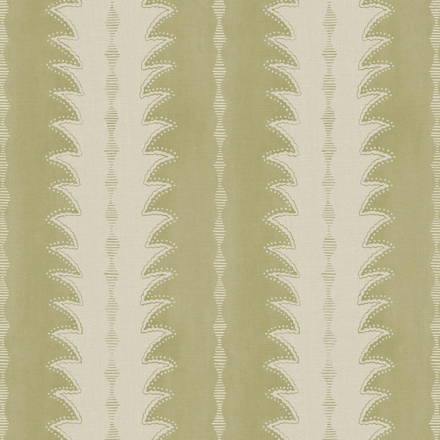 Muted matcha linen with cream scalloped vertical stripes and fine dotted texture