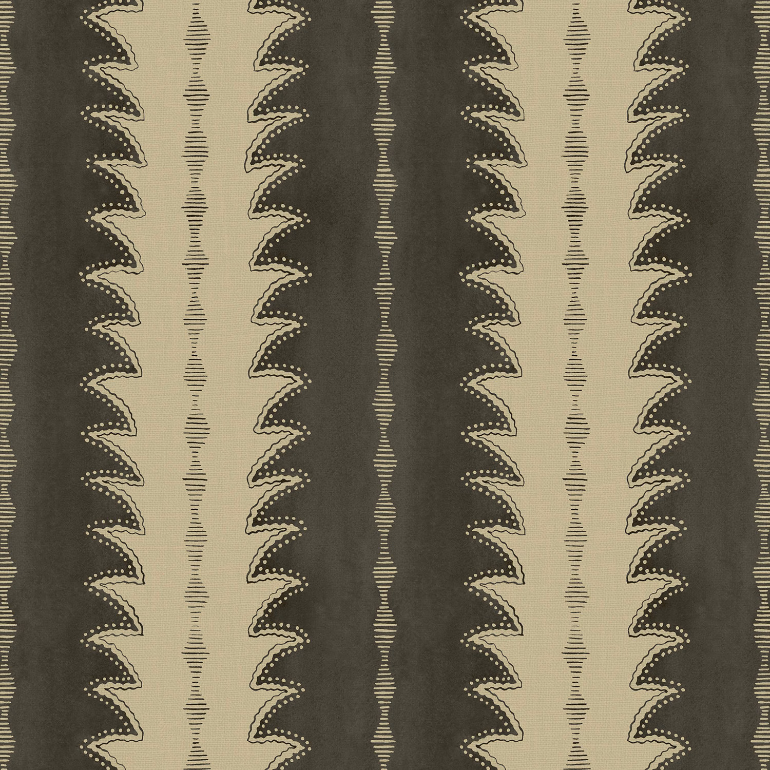 Charcoal and taupe linen with vertical scalloped zigzag stripes and fine horizontal texture