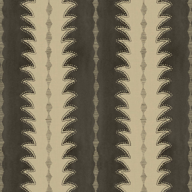 Charcoal and taupe linen with vertical scalloped zigzag stripes and fine horizontal texture