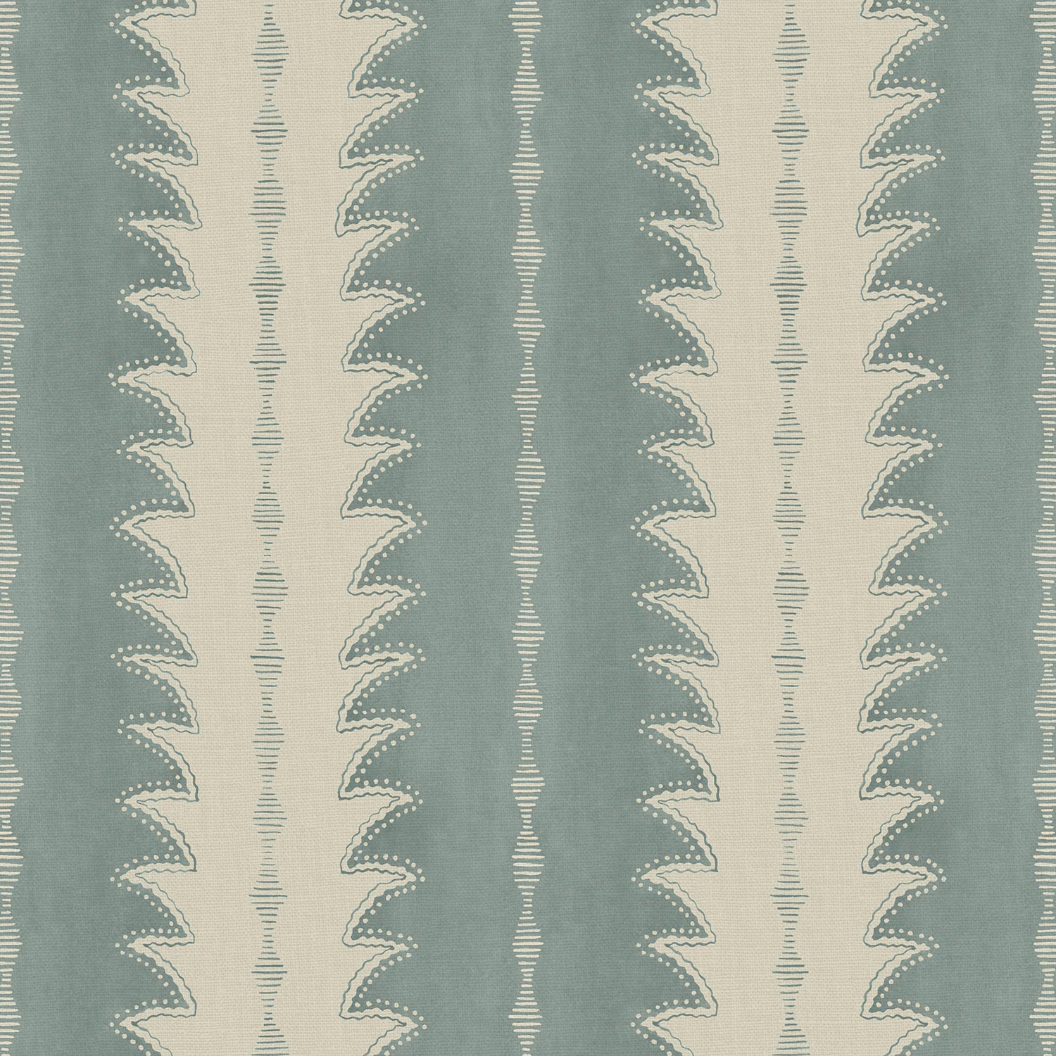 Muted blue-grey linen with cream scalloped vertical geometric stripes and fine horizontal texture