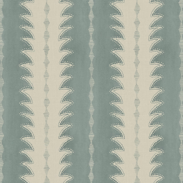 Muted blue-grey linen with cream scalloped vertical geometric stripes and fine horizontal texture