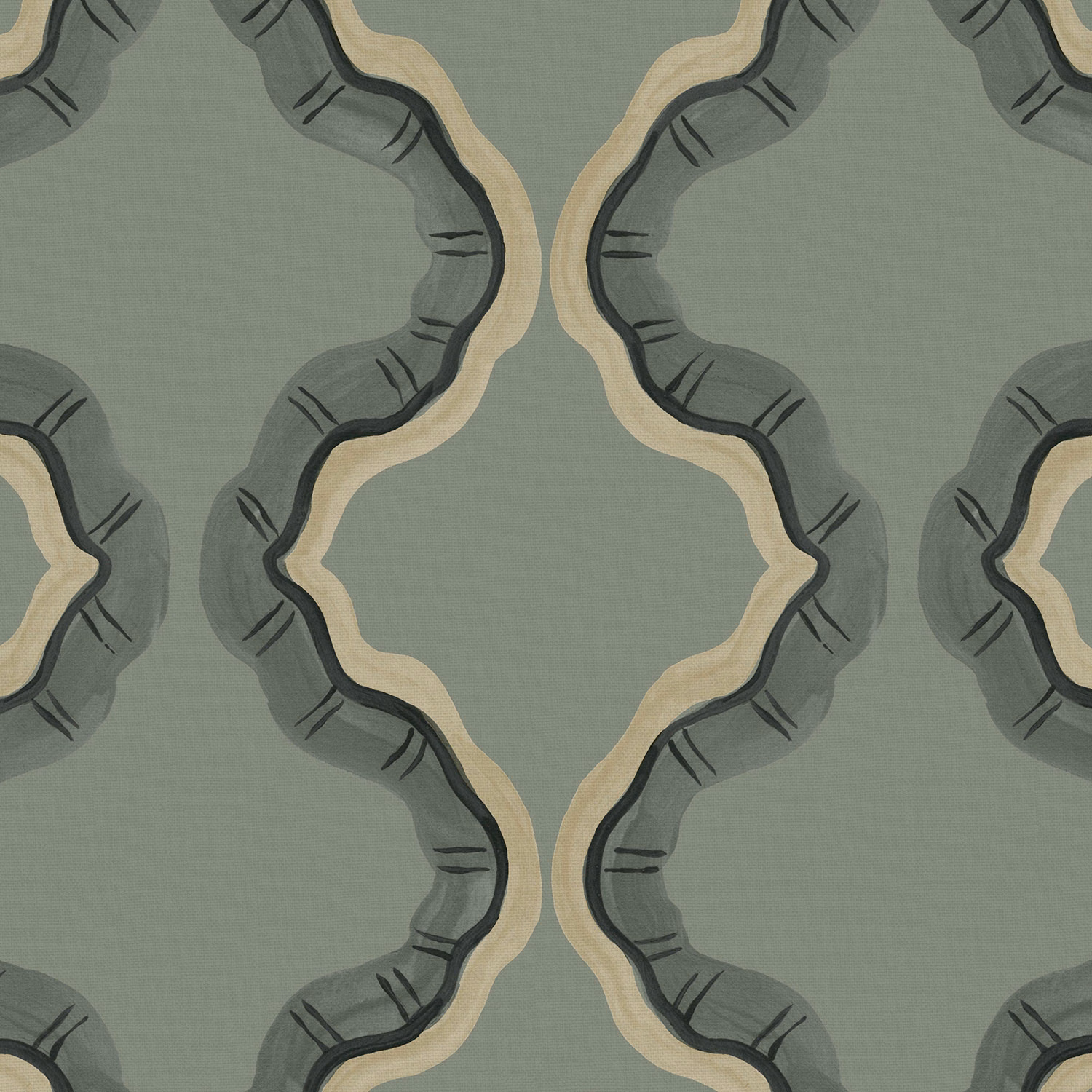 Sage-grey linen with large charcoal scallops and cream-edged geometric forms