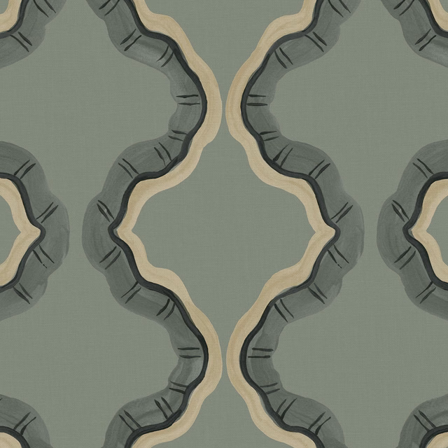 Sage-grey linen with large charcoal scallops and cream-edged geometric forms