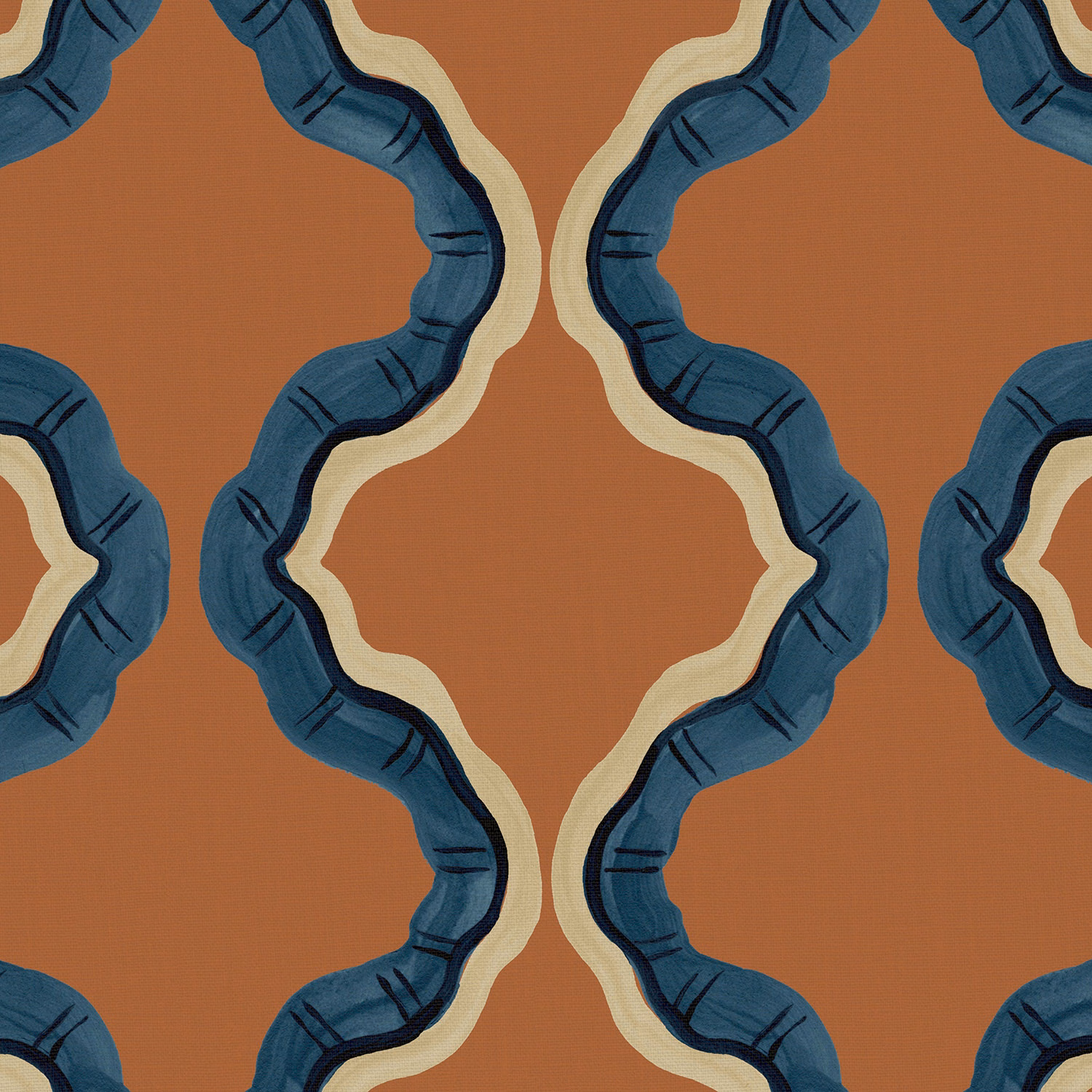 Terracotta linen with looping deep blue and cream geometric bands