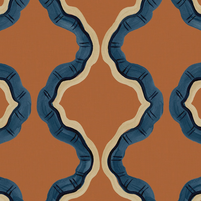 Terracotta linen with looping deep blue and cream geometric bands