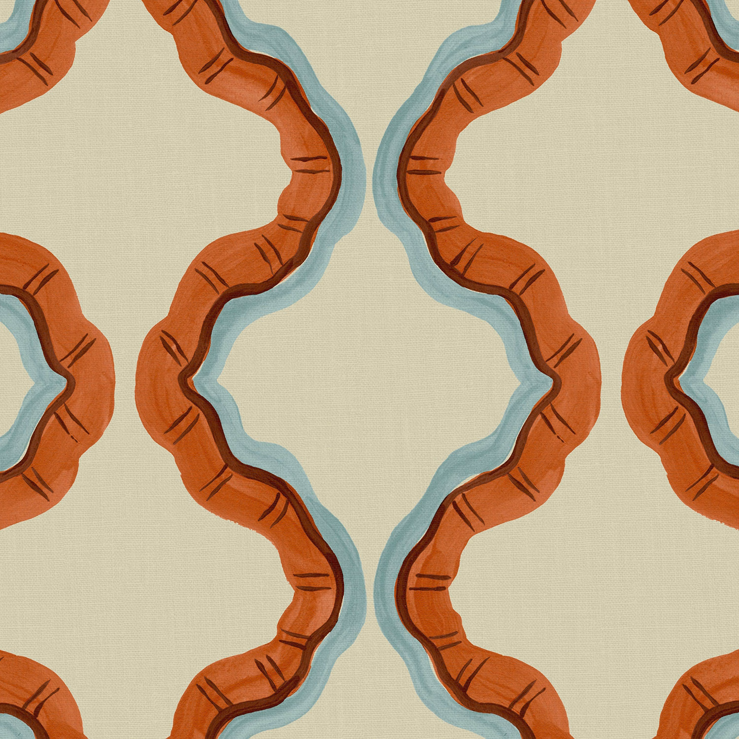 Sage linen with terracotta looping bands and pale blue outlined geometric motifs