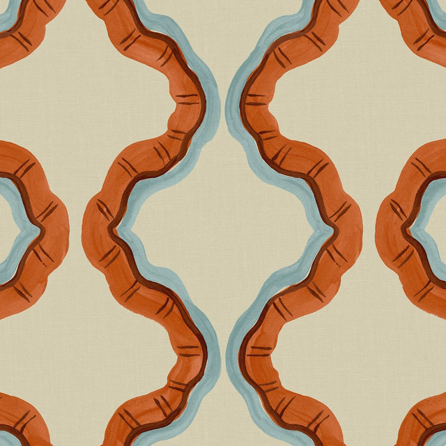 Sage linen with terracotta looping bands and pale blue outlined geometric motifs