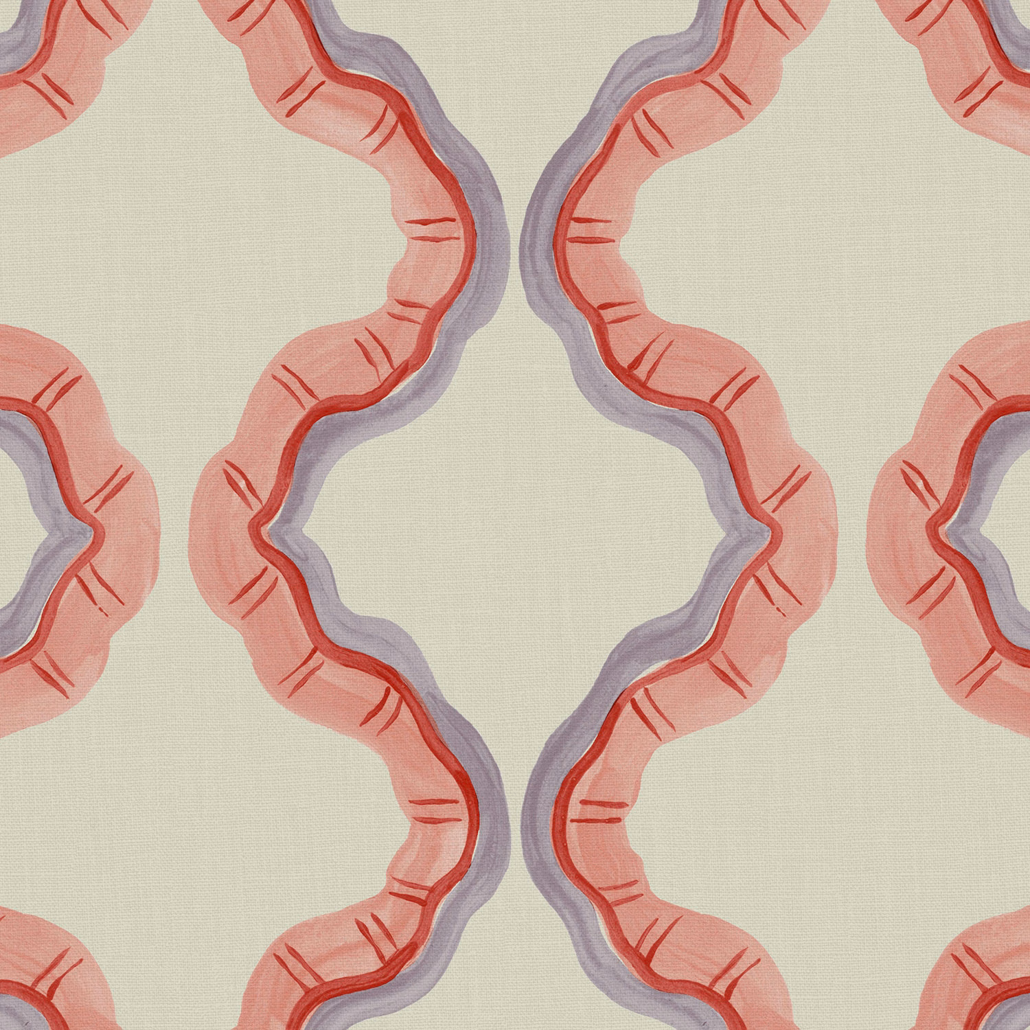 Pale sage linen with coral scallops, red accents and lilac edging