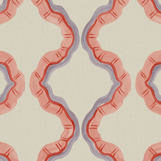 Pale sage linen with coral scallops, red accents and lilac edging