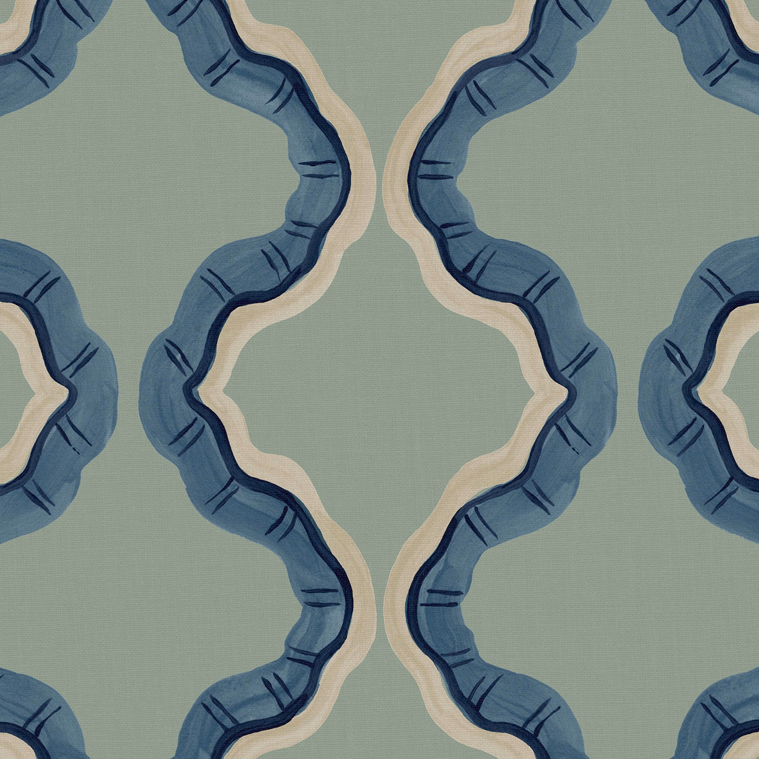 Muted sage linen with navy scalloped forms and cream edging