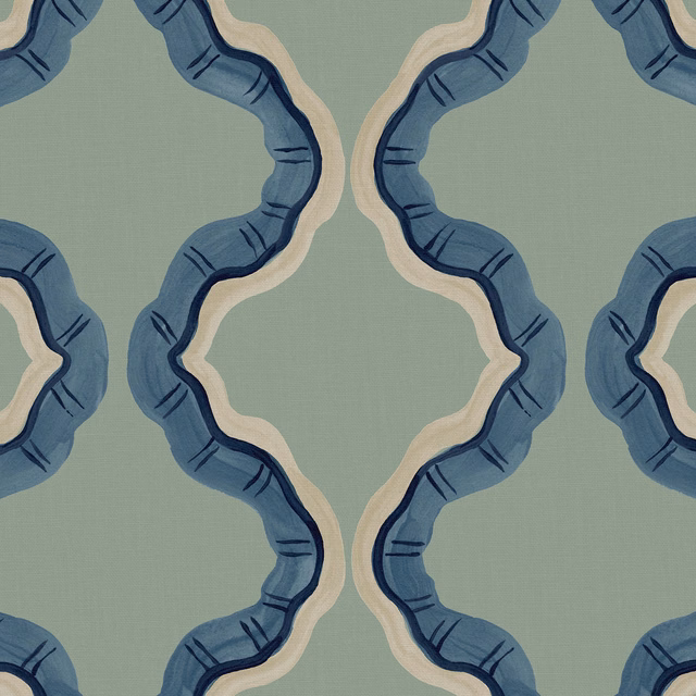 Muted sage linen with navy scalloped forms and cream edging