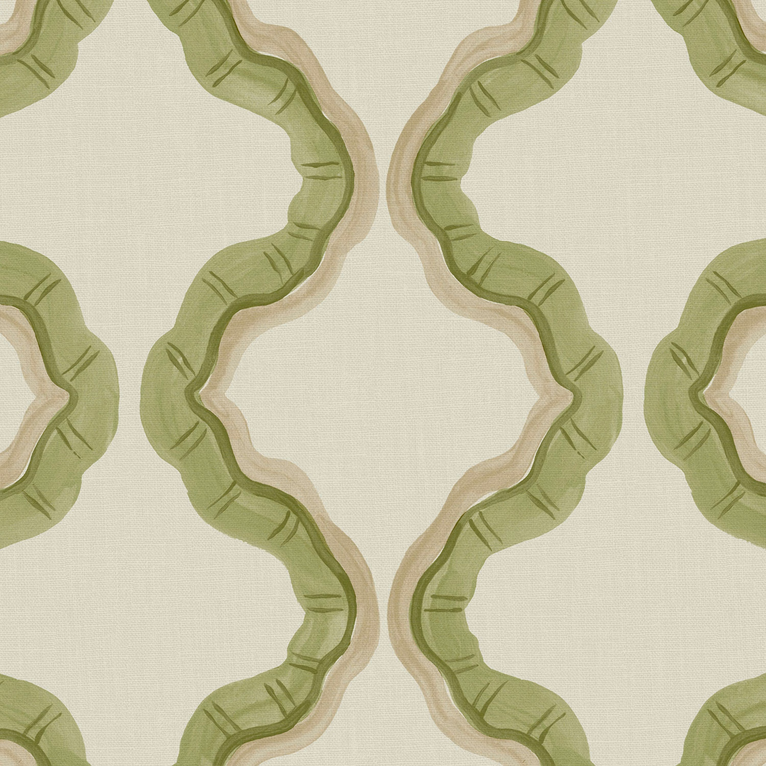 Soft olive-green looping motifs with beige edging on a pale linen ground