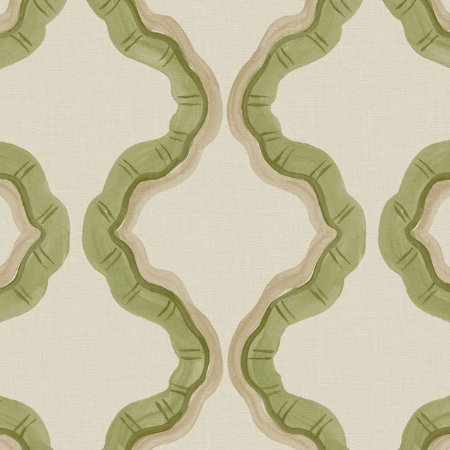 Soft olive-green looping motifs with beige edging on a pale linen ground