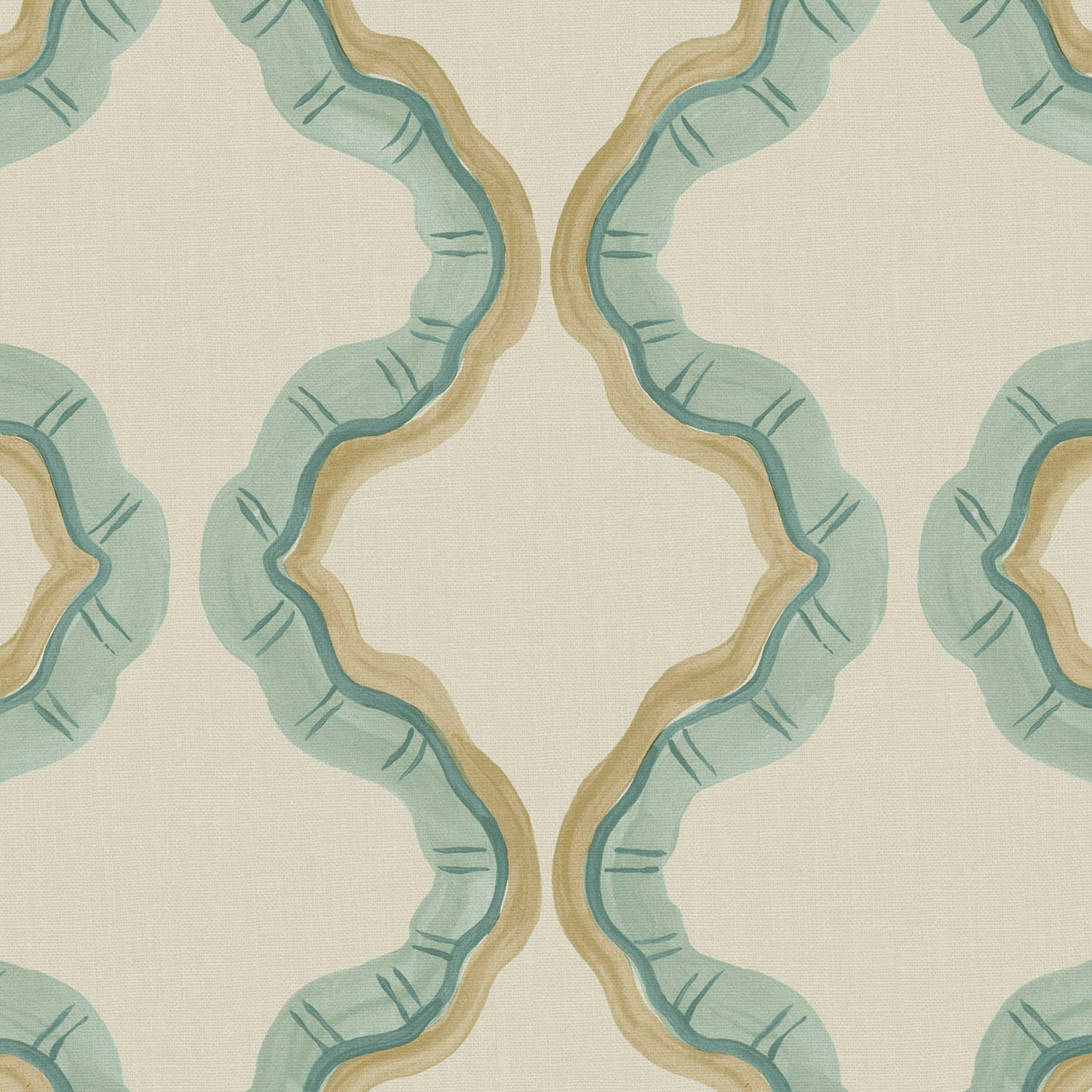 Pale sage and teal scalloped motifs with ochre edging on linen