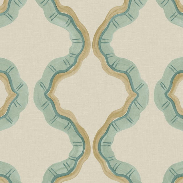 Pale sage and teal scalloped motifs with ochre edging on linen