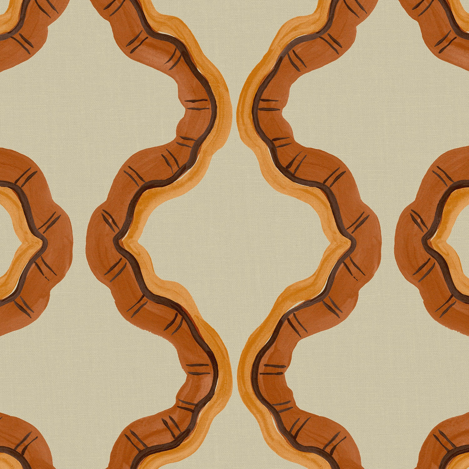 Warm rust and ochre serpentine bands on a pale sage linen ground