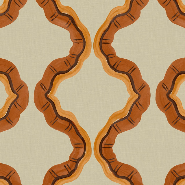 Warm rust and ochre serpentine bands on a pale sage linen ground