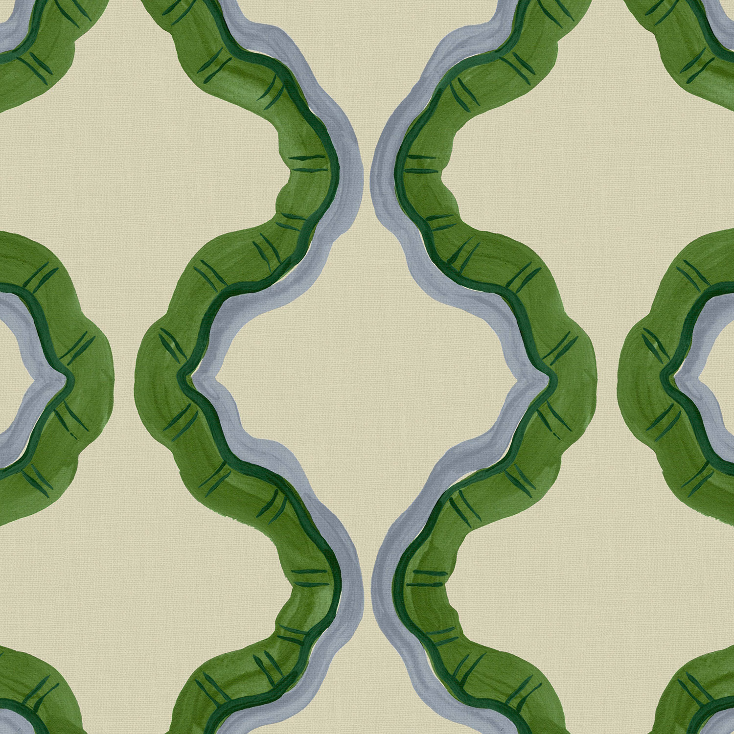 Pale sage linen with looping green bands and blue-grey outlined organic shapes