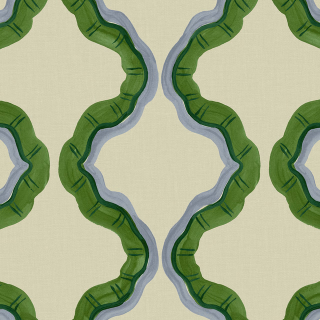 Pale sage linen with looping green bands and blue-grey outlined organic shapes